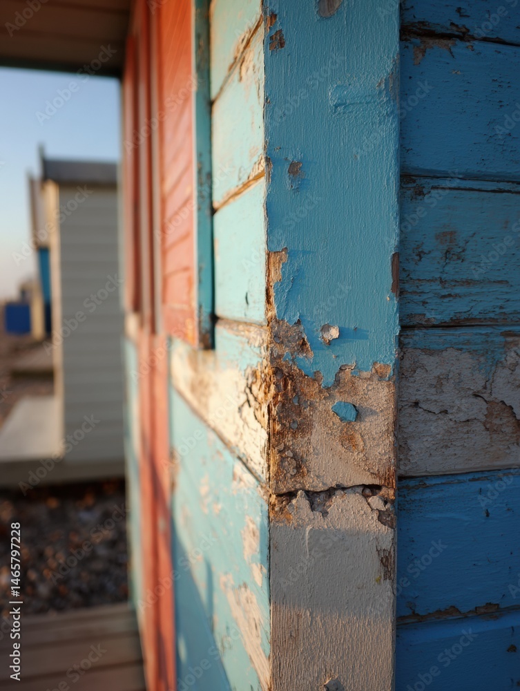 Poster beach hut with peeling paint captures the essence of seaside charm at sunset generative ai