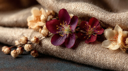 Close-up shot showcasing delicate flowers on textured fabric in warm, inviting tones.