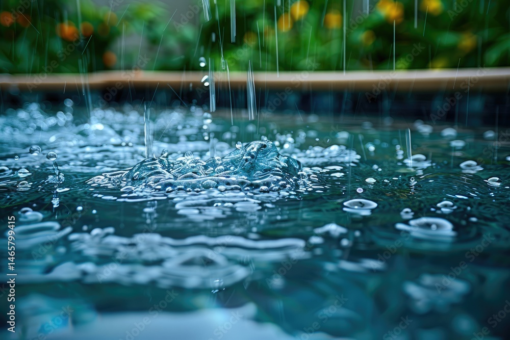 Poster close-up view of rain splashing into a pool of water.
