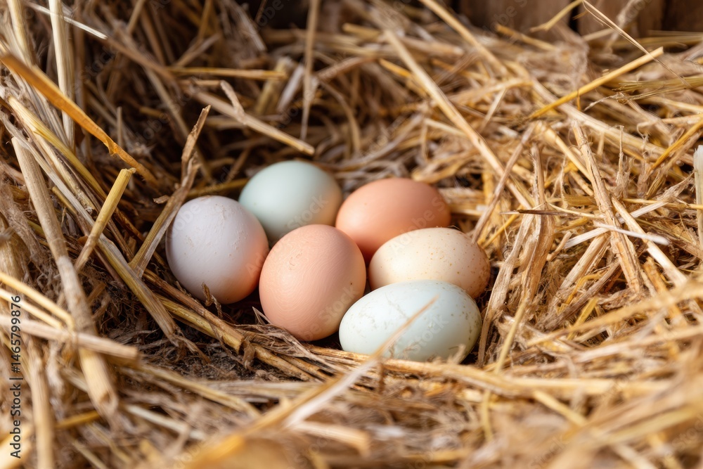 Aufkleber Pile of Hay With Half-Buried Eggs Creating a Natural Arrangement in Soft Lighting During a Peaceful Afternoon Generative AI