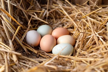 Pile of Hay With Half-Buried Eggs Creating a Natural Arrangement in Soft Lighting During a Peaceful Afternoon Generative AI