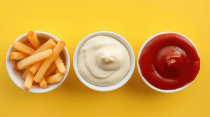 Golden fries served with mayonnaise and ketchup in small white bowls against a vibrant yellow backdrop