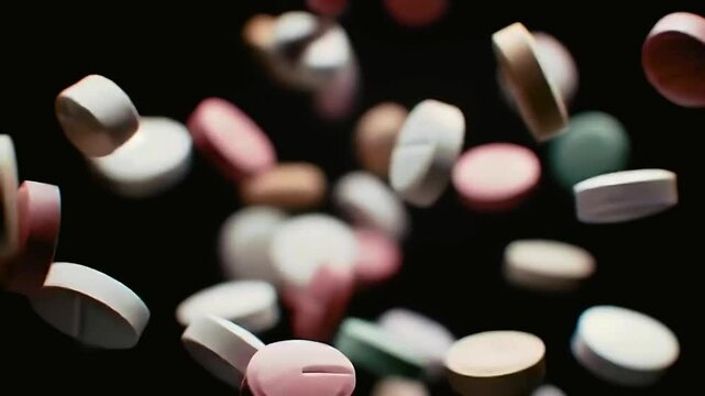 Different pills falling on table in black background. close up of colorful pills