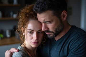 Obraz premium Caucasian couple embraces in emotional moment.