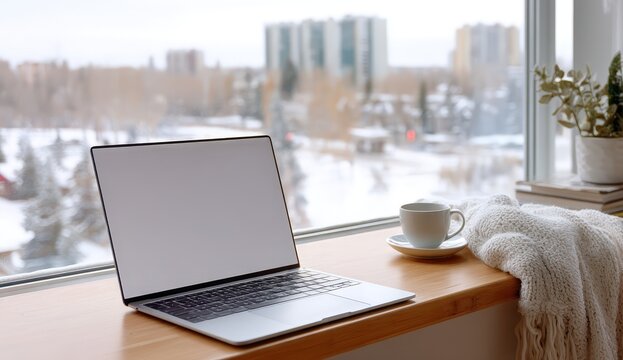 Laptop near a large window overlooking a snowy cityscape.