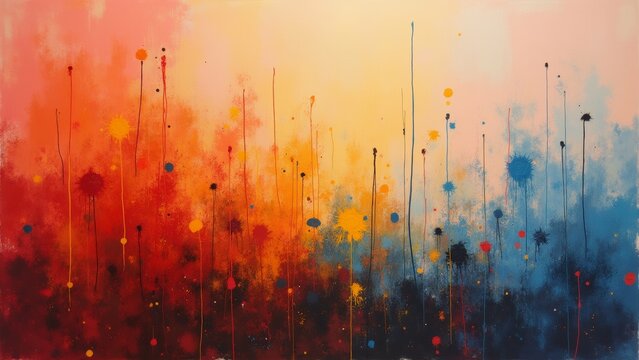 abstract painting vibrant colorful background background predominantly orange yellow blue splashes red orange yellow scattered throughout colors blend together create sense movement energy center