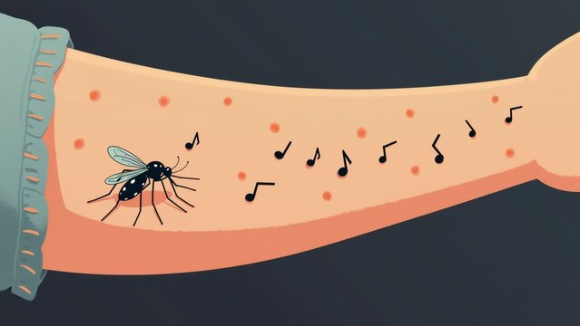 illustration person arm mosquito arm orange color has small black musical notes scattered across side arm green bandage wrapped around wrist mosquito black appears type mosquito background dark