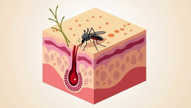 illustration cross section human skin skin divided into two sections top section being light pink color bottom section being darker pink top skin small green plant thin leaves center two black flies
