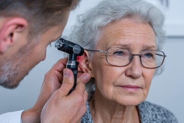 Elderly woman getting her ears checked by a doctor.