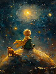 Prompt Create a vibrant impressioniststyle oil painting shows the back of The Little Prince sit on the top of a big yellow planet wearing a long yellow scarf green