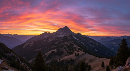 Mountain Peak Landscape at Colorful Sunrise Serenity