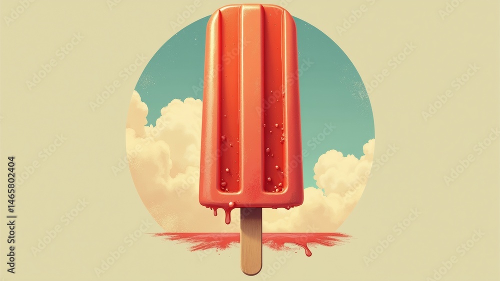 Poster illustration popsicle stick popsicle red color has smooth texture dripping down sides stick creating
