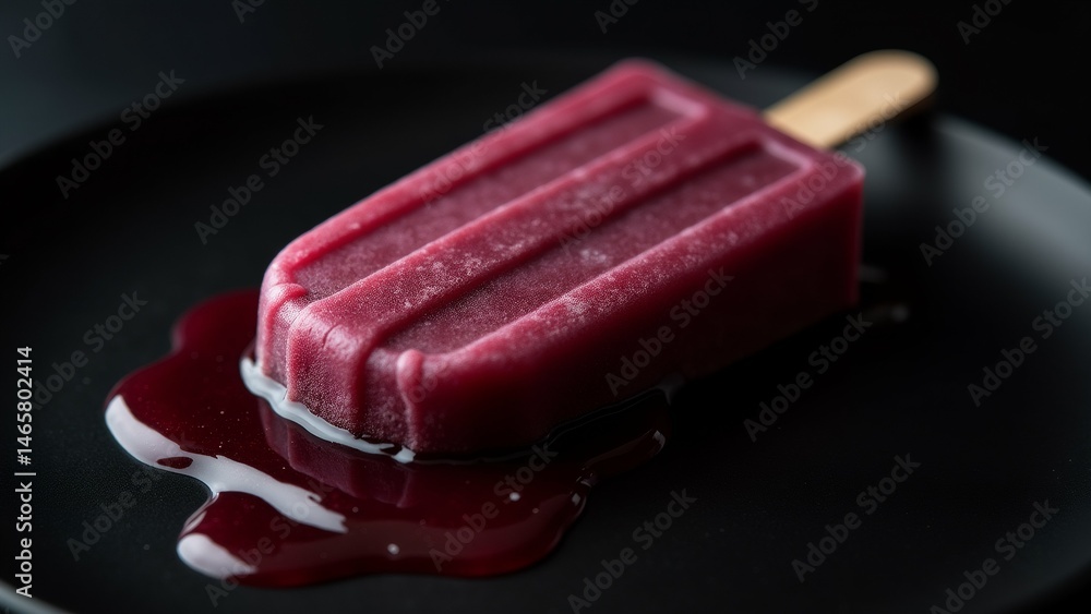 Poster popsicle black plate popsicle rectangular shape has wooden stick top covered thick layer red liquid 