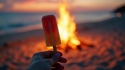 hand holding popsicle stick popsicle orange red color appears freshly background blurred seems beach campfire burning distance sky orange pink purple indicating either sunrise sunset beach covered