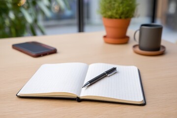 Open notebook with a pen on a wooden table.