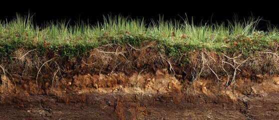 Obraz premium Detailed cross-section of soil layers with grass and roots.