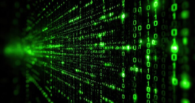Green binary code lines in a digital matrix.
