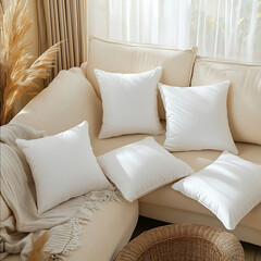 High angle photo shot of four square pillowsthere are only four square pillows in the picture two square pillows are placed on the couch and two square pillows are