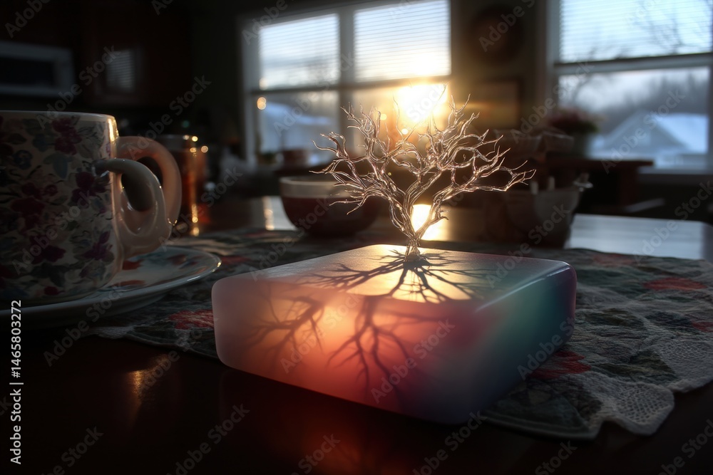 Poster a soap with an intricate tree design illuminated by sunset.