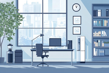 Stylized office interior with large windows and modern design elements