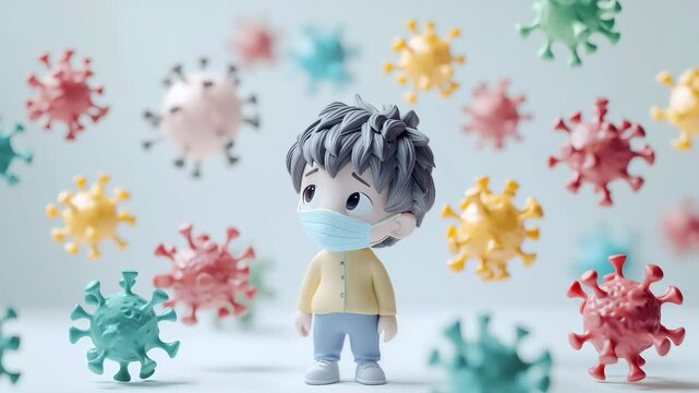 ラフルなたくさんのウイルスに囲まれるマスクをつけた男の子の3Dイラスト