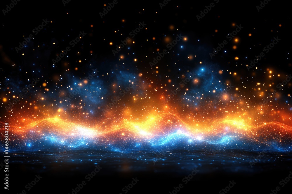 Poster abstract design with vibrant colors and shimmering particles.