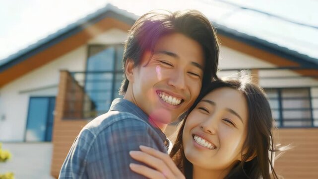 自宅の前で仲良く笑顔で抱き合う若い日本人夫婦