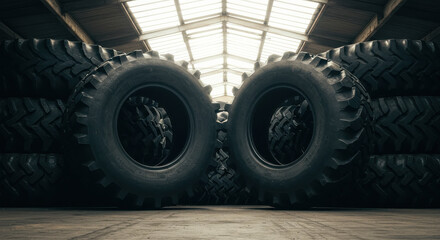 Large tires stored in warehouse
