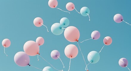 Floating pastel balloons in sky