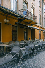 Outdoor seating area of a European restaurant named 