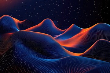 Obraz premium A mesmerizing digital landscape featuring undulating mountains illuminated by vibrant orange and blue hues. set against a starry night sky. evoking a sense of tranquility and wonder