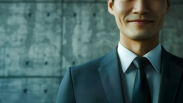 コンクリートの壁の前で怪しく微笑むスーツ姿の中年男性の鼻から下のクローズアップ