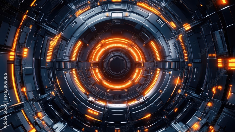 Poster a mesmerizing abstract digital tunnel with glowing orange lights and intricate geometric patterns. s