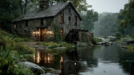 Fototapeta premium Cozy Cottage by the Stream with Illuminated Windows and Water Wheel in a Serene Forest Setting