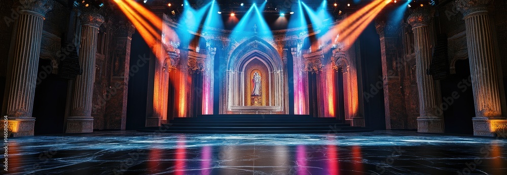 Poster a grand. illuminated stage set for a theatrical performance. showcasing intricate architecture and v