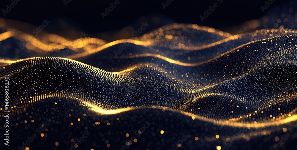 Poster a mesmerizing close-up view of illuminated digital waves. showcasing a blend of golden and dark text