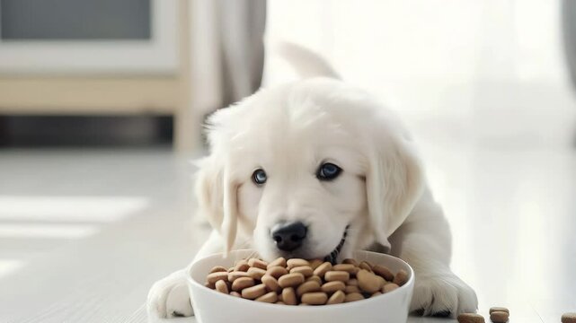 美味しそうにドッグーフードを食べるゴールデンレトリバーの子犬