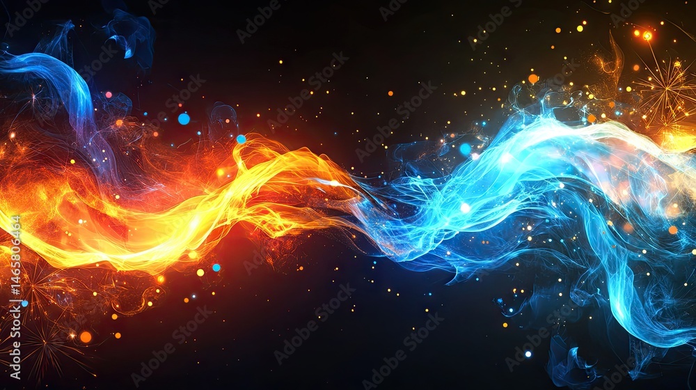 Poster vibrant abstract waves of blue and orange light intertwine against a dark background. creating a dyn