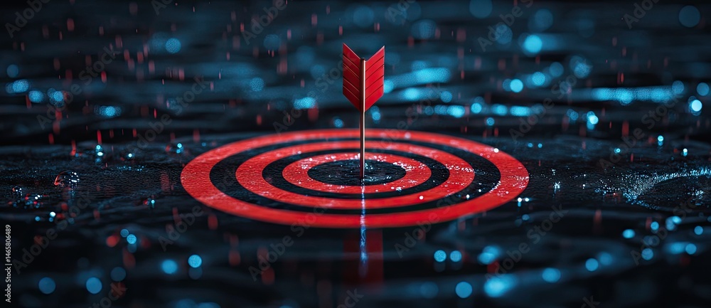Poster a close-up view of a dart arrow striking the center of a vibrant red target on a wet surface. with r