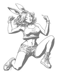 Fototapeta premium Playful Female Rabbit Character with Bunny Ears in Dynamic Pose