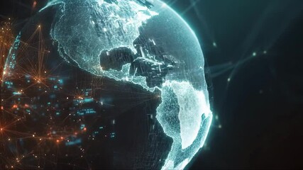 Rotating holographic Earth globe with glowing network lines and data streams, digital UI style in a futuristic tech atmosphere