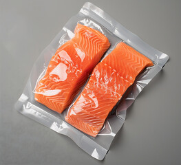 PE white valve port vacuum bag with salmon inside grey backgroundtop viewproduct photography