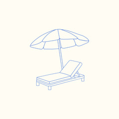 Hand-drawn sun lounger and beach umbrella. Summer vacation. Monochrome blue ink illustration. Vector.