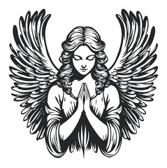 Obraz premium Praying Angel with Wings in Vintage Black and White Vector Artwork