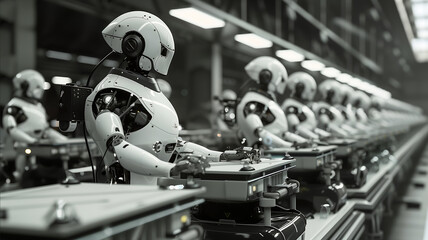 Multiple humanoid robots working in factory assembly line gray cold cold black and white photorealistic 8k