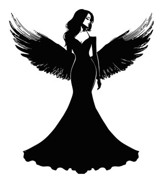 Elegant silhouette of a woman with wings in a flowing gown design