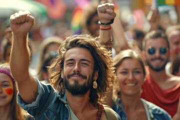 Protesters Raising Fists at the Pride Parade for LGBTQ Rights and Queer Expression, Showing Community Strength Through Protest