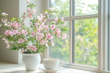 Fototapeta premium A springtime window display of delicate pink flowers.