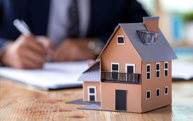 fullframe shallow depth of field miniature paper craft house in front of a man signing papers