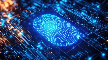 A close-up view of a futuristic fingerprint scanner embedded in a circuit board. showcasing intricate electronic patterns and glowing blue lines against a dark background
